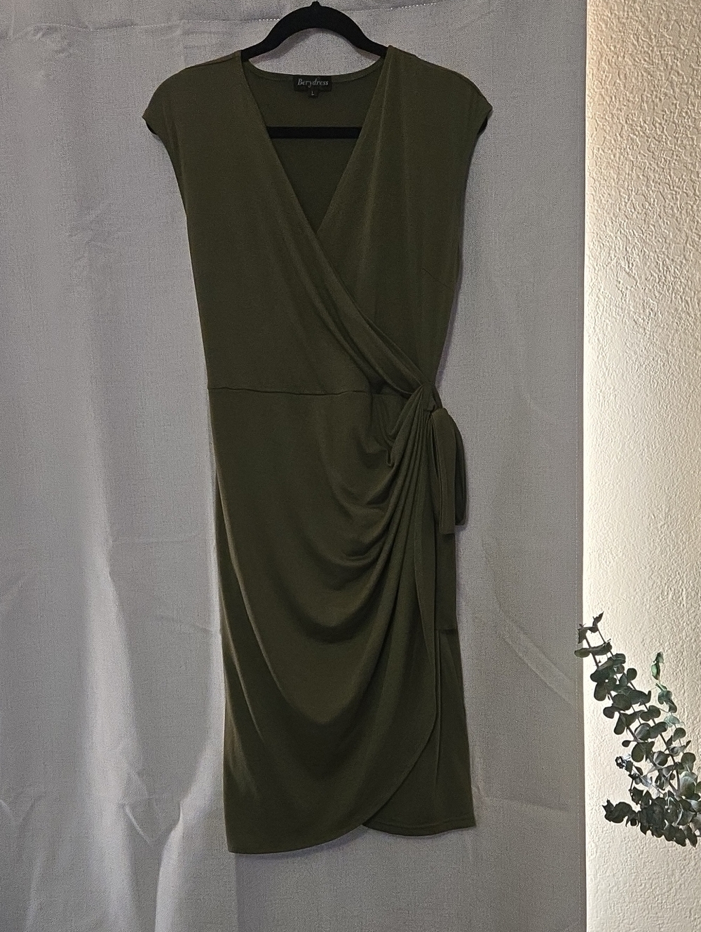 Olive Wrap-Style Midi Dress with Side Tie